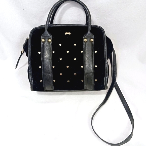 Juicy Couture Purse BLACK VELVET Quilted Leather TRIM Square Bag GOLD HEARTS - Picture 4 of 16